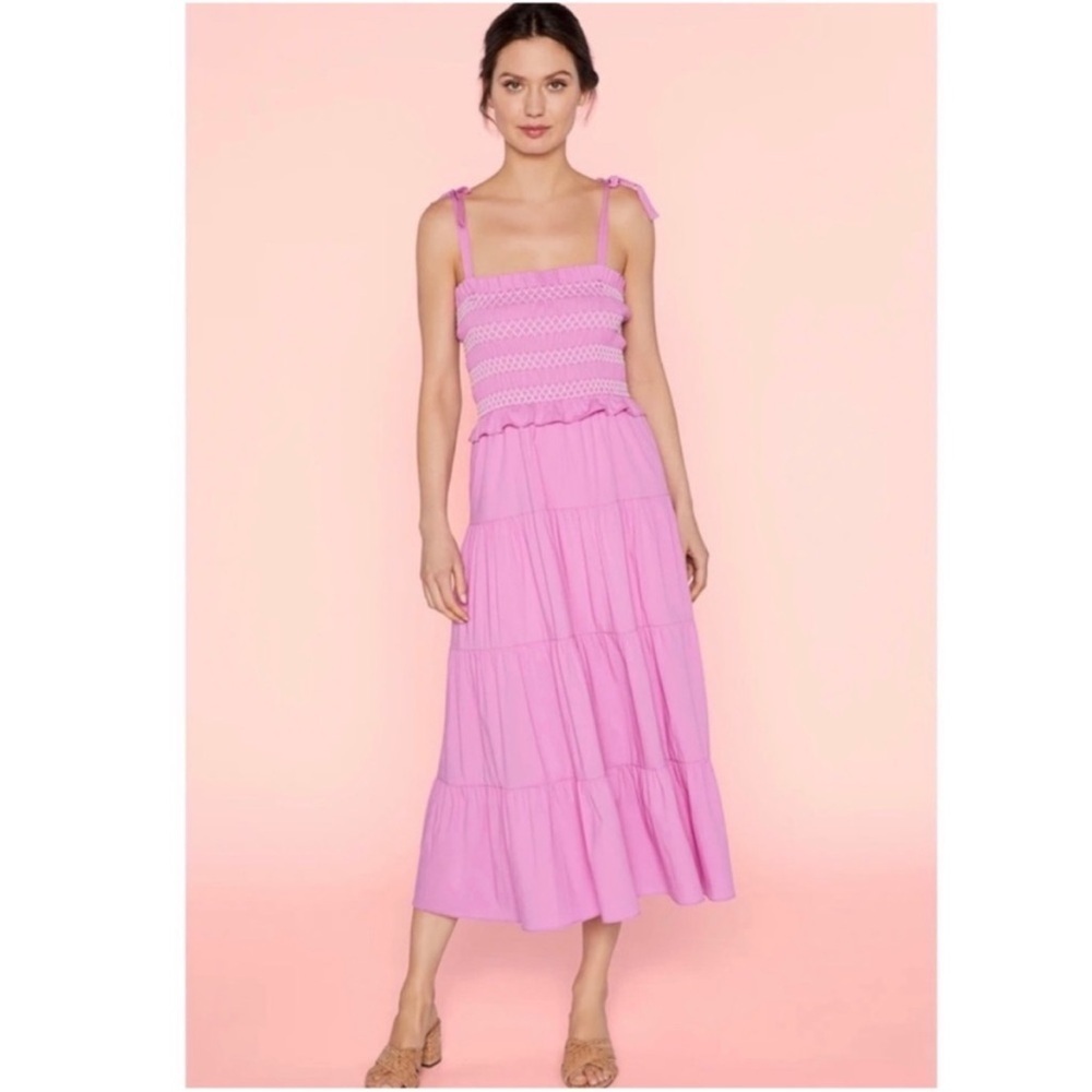 LIKELY Delfina Cotton Poplin Tie Shoulder Smocked Midi Dress in Pink Sz M